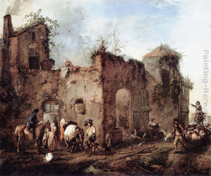 Courtyard with a Farrier Shoeing a Horse painting - Philips Wouwerman Courtyard with a Farrier Shoeing a Horse art painting